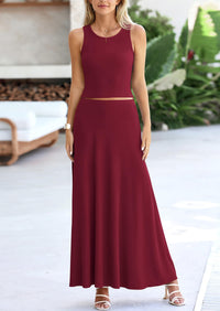 Casual Knit Cropped Tank Top High Waisted Skirt 2 Piece Sets