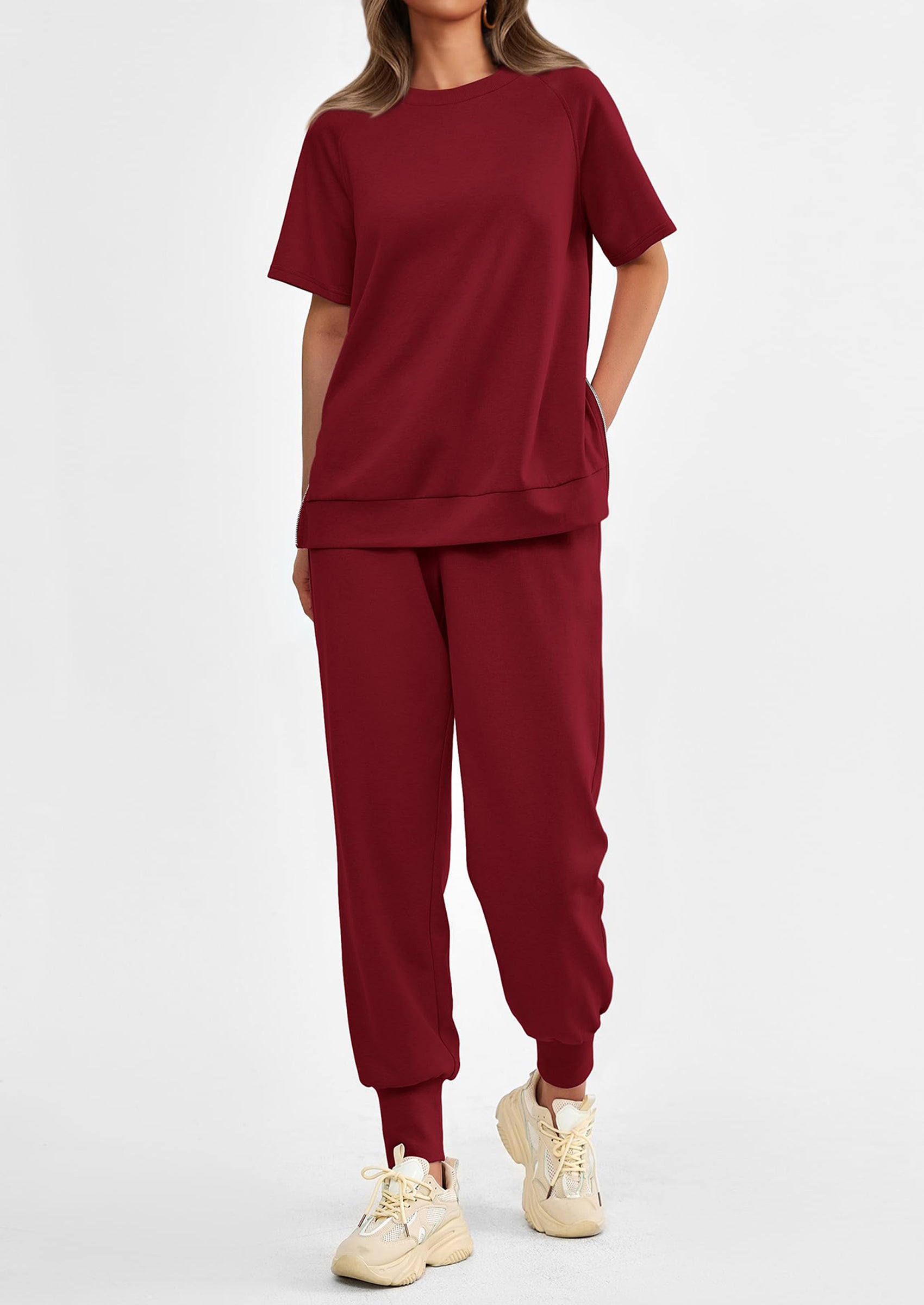 PRETTYGARDEN 2 Piece Outfit Tracksuits Casual Short Sleeve Tops High Waisted Sweatpants Set