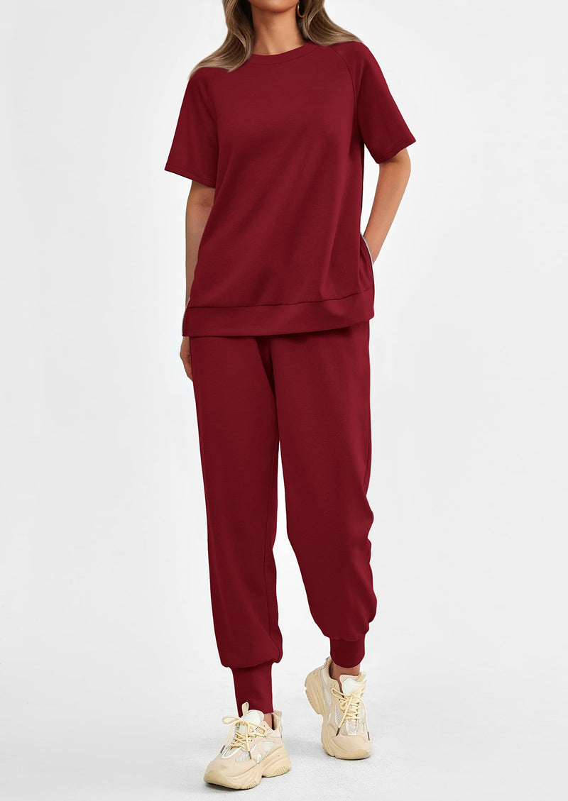 PRETTYGARDEN 2 Piece Outfit Tracksuits Casual Short Sleeve Tops High Waisted Sweatpants Set