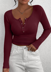 Long Sleeved V-Neck Button Slim Knit Solid Color Casual Shirt