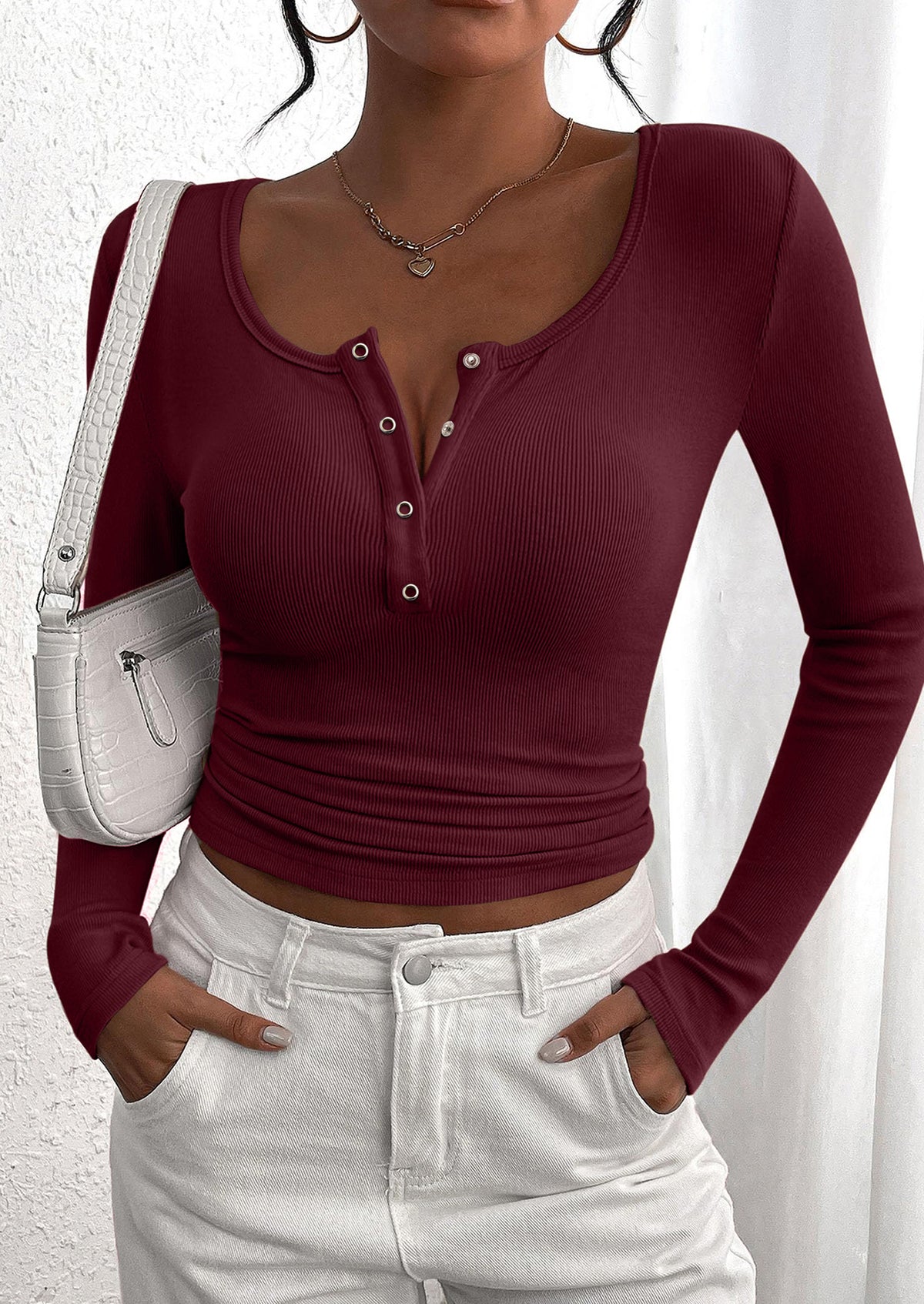 Long Sleeved V-Neck Button Slim Knit Solid Color Casual Shirt