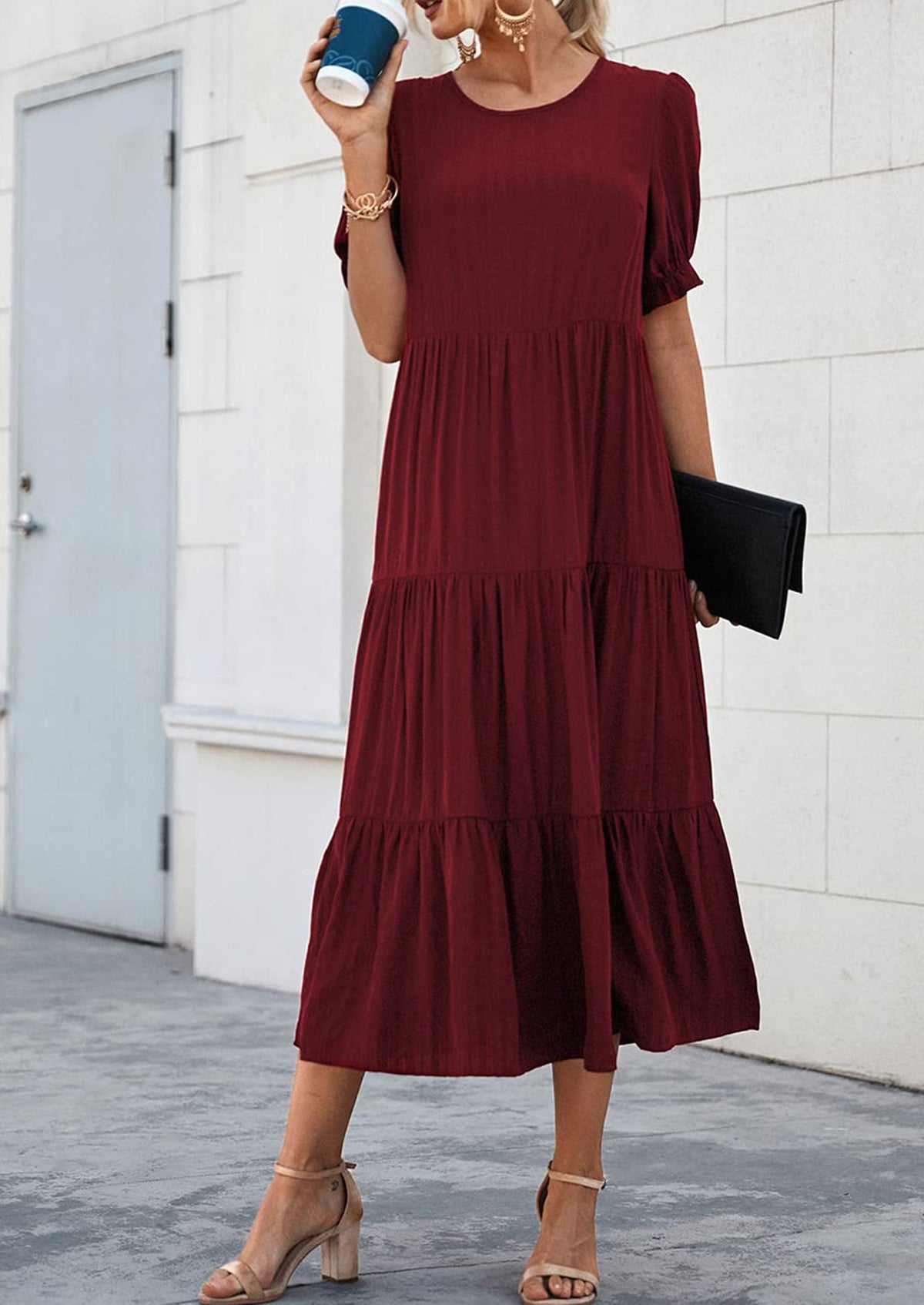 Casual Boho Floral Print Ruffle Puff Short Sleeve Flowy Beach Party Midi Dresses