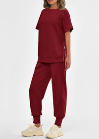 Casual Short Sleeve Tops High Waisted Sweatpants Two Piece Sets