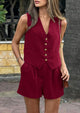 Button Down V Neck Vest Sleeveless Tops And Pockets Shorts 2 Piece Suits Sets