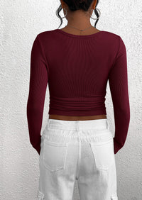 Long Sleeved V-Neck Button Slim Knit Solid Color Casual Shirt