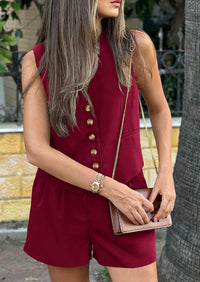 Button Down V Neck Vest Sleeveless Tops And Pockets Shorts 2 Piece Suits Sets