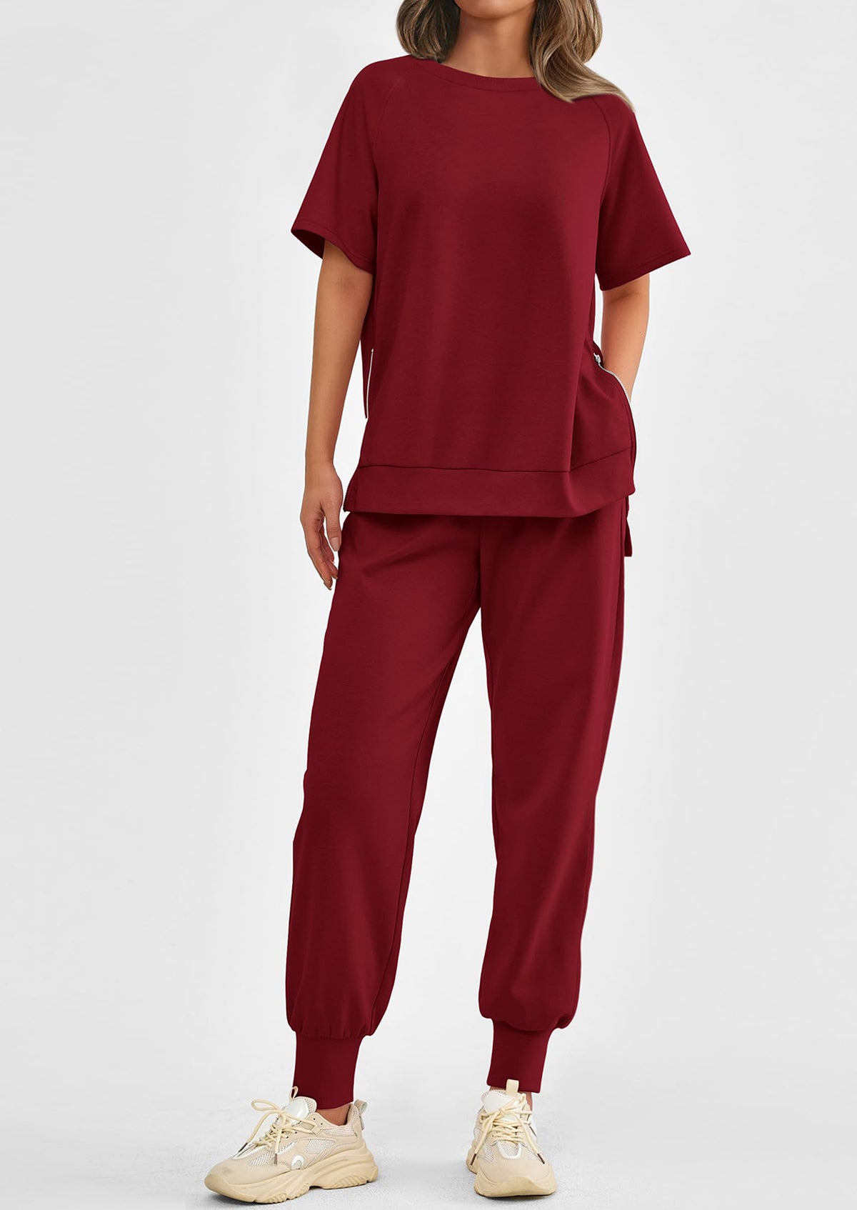 Casual Short Sleeve Tops High Waisted Sweatpants Two Piece Sets