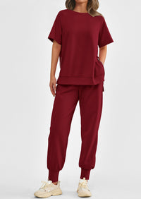 Casual Short Sleeve Tops High Waisted Sweatpants Two Piece Sets