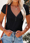 Short Sleeve V Neck Button Ribbed Knit T-shirt