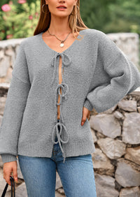 PRETTYGARDEN Women's Tie Front Bow Cardigan Sweaters Chunky Knit Long Puff Sleeve Trendy Fall Winter Jacket Coats