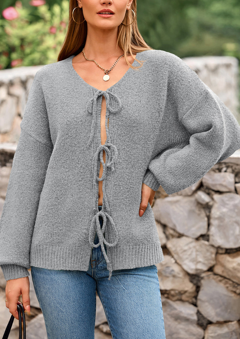 PRETTYGARDEN Women's Tie Front Bow Cardigan Sweaters Chunky Knit Long Puff Sleeve Trendy Fall Winter Jacket Coats
