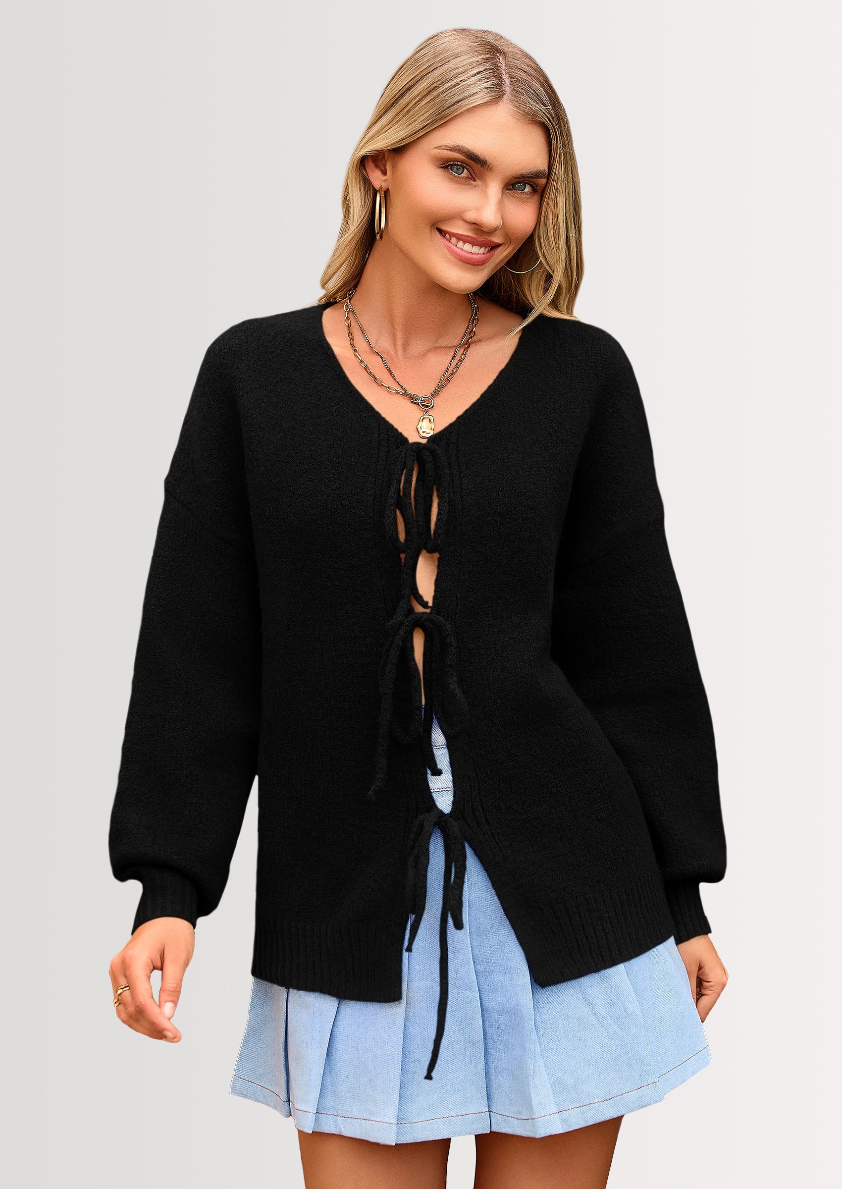 PRETTYGARDEN Women's Tie Front Bow Cardigan Sweaters Chunky Knit Long Puff Sleeve Trendy Fall Winter Jacket Coats