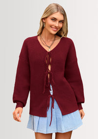 PRETTYGARDEN Women's Tie Front Bow Cardigan Sweaters Chunky Knit Long Puff Sleeve Trendy Fall Winter Jacket Coats