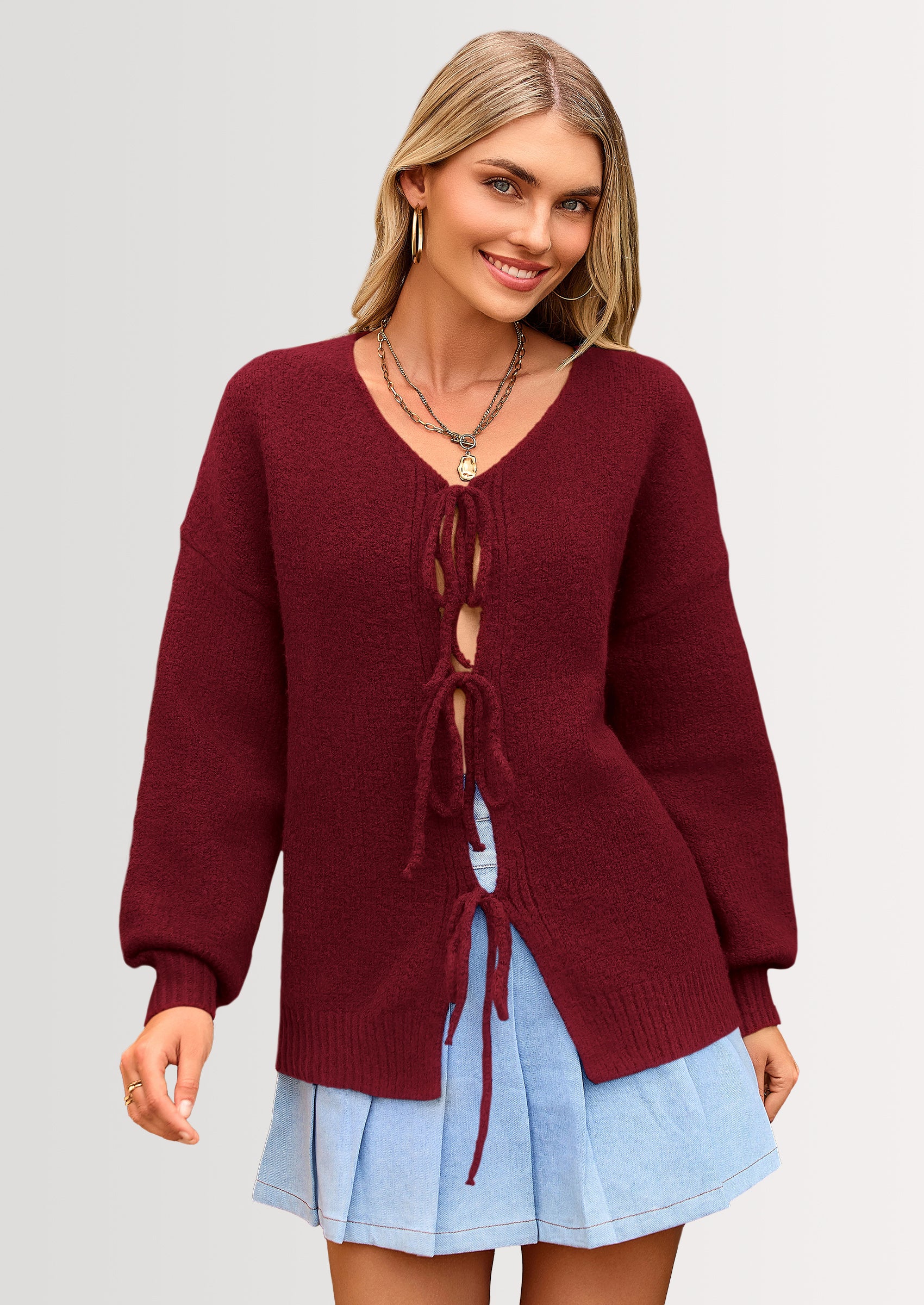 PRETTYGARDEN Women's Tie Front Bow Cardigan Sweaters Chunky Knit Long Puff Sleeve Trendy Fall Winter Jacket Coats