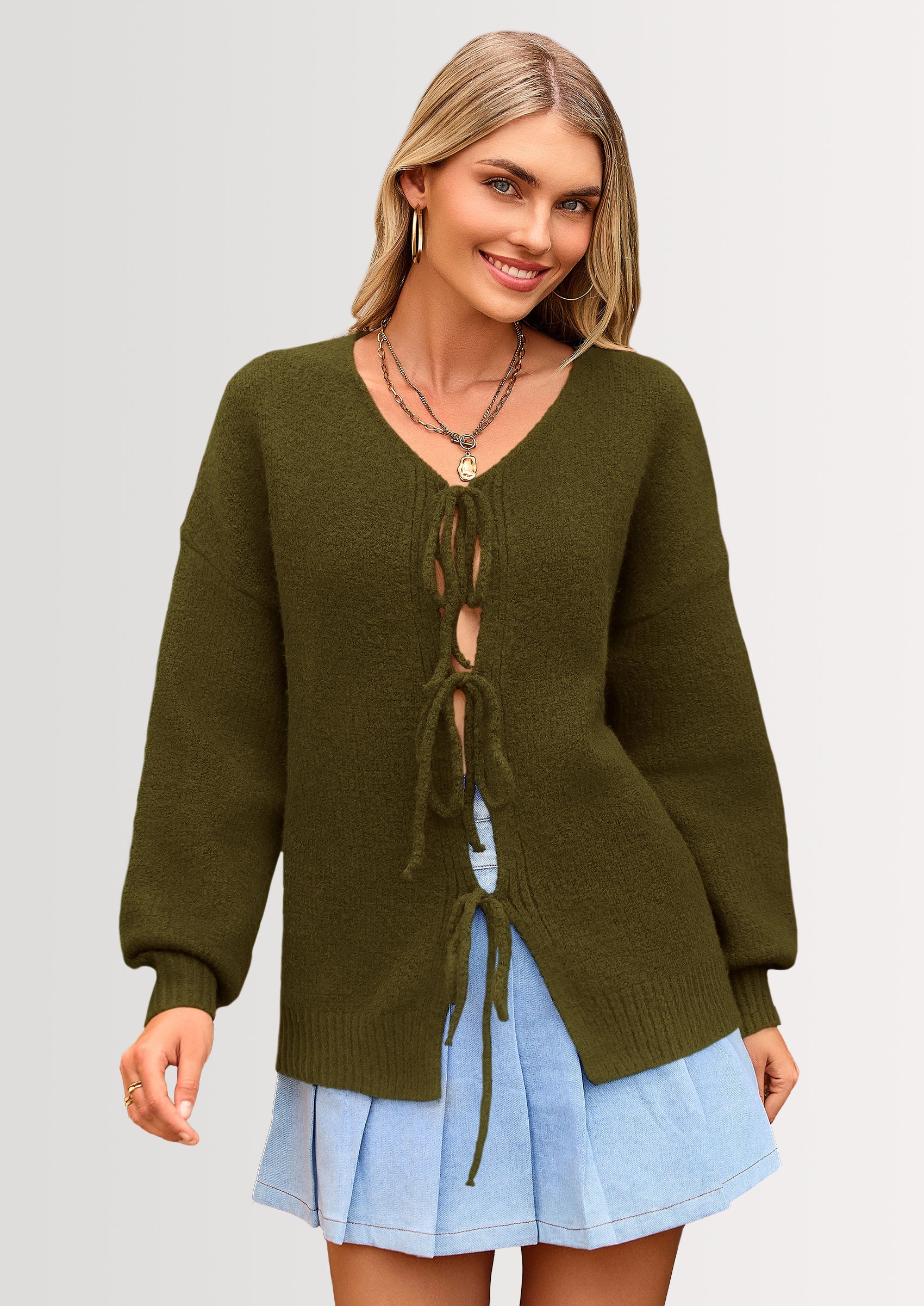 PRETTYGARDEN Women's Tie Front Bow Cardigan Sweaters Chunky Knit Long Puff Sleeve Trendy Fall Winter Jacket Coats