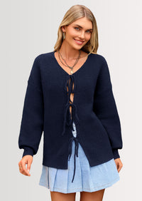 PRETTYGARDEN Women's Tie Front Bow Cardigan Sweaters Chunky Knit Long Puff Sleeve Trendy Fall Winter Jacket Coats