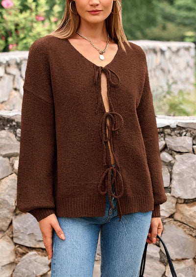 PRETTYGARDEN Women's Tie Front Bow Cardigan Sweaters Chunky Knit Long Puff Sleeve Trendy Fall Winter Jacket Coats