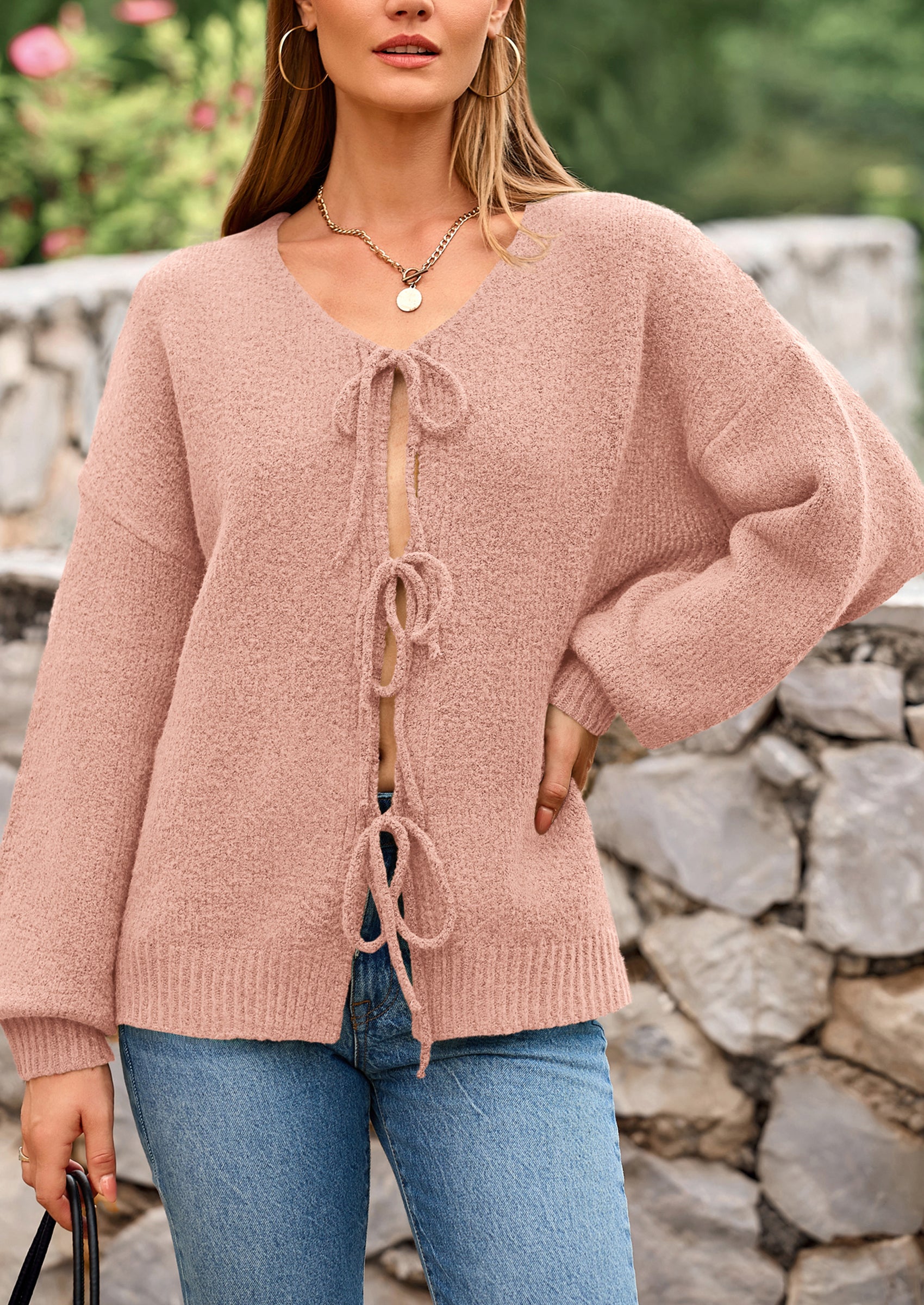 PRETTYGARDEN Women's Tie Front Bow Cardigan Sweaters Chunky Knit Long Puff Sleeve Trendy Fall Winter Jacket Coats