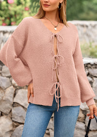 PRETTYGARDEN Women's Tie Front Bow Cardigan Sweaters Chunky Knit Long Puff Sleeve Trendy Fall Winter Jacket Coats