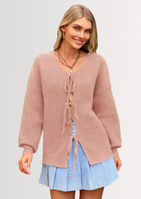 PRETTYGARDEN Women's Tie Front Bow Cardigan Sweaters Chunky Knit Long Puff Sleeve Trendy Fall Winter Jacket Coats