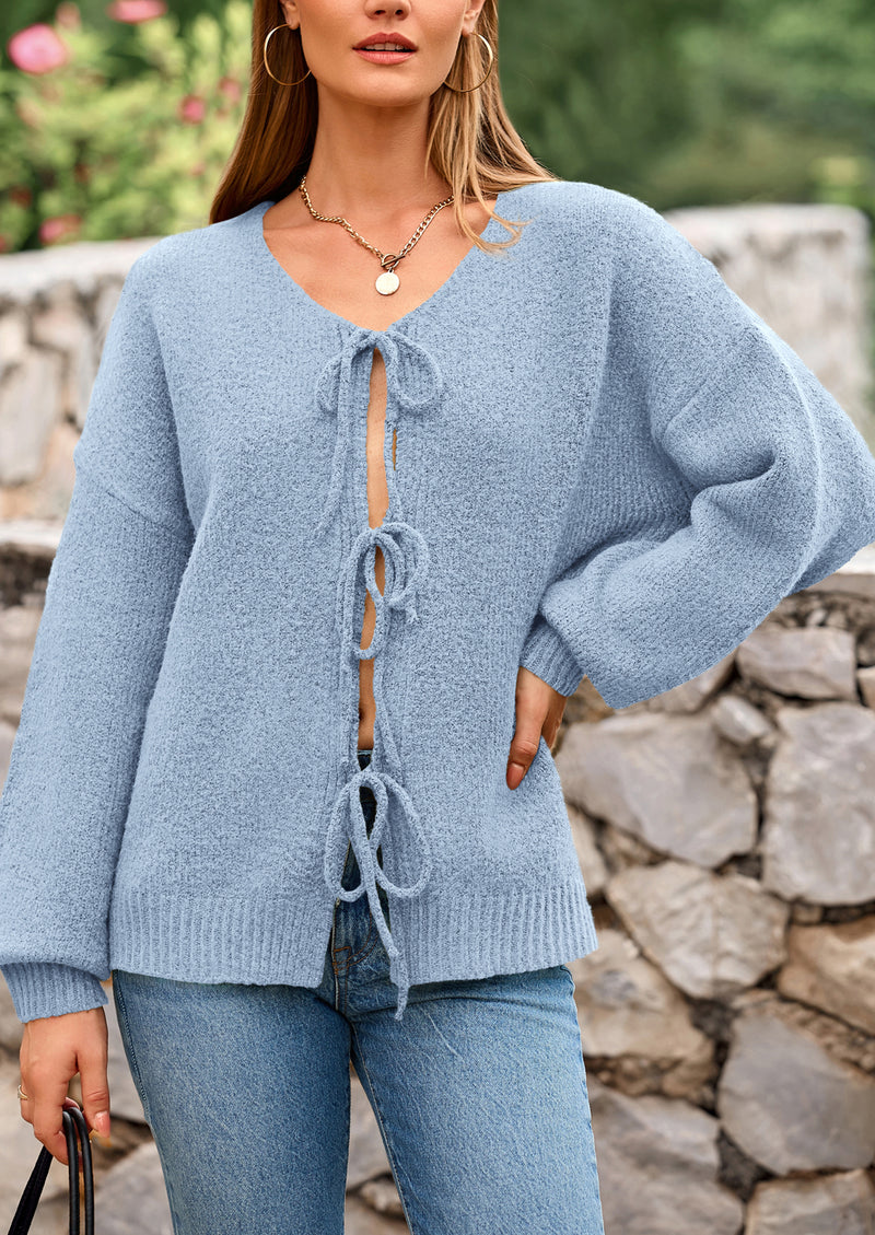 PRETTYGARDEN Women's Tie Front Bow Cardigan Sweaters Chunky Knit Long Puff Sleeve Trendy Fall Winter Jacket Coats