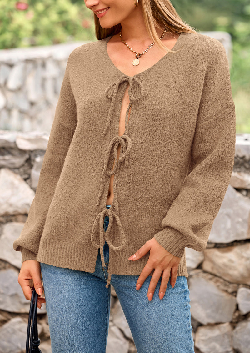 PRETTYGARDEN Women's Tie Front Bow Cardigan Sweaters Chunky Knit Long Puff Sleeve Trendy Fall Winter Jacket Coats