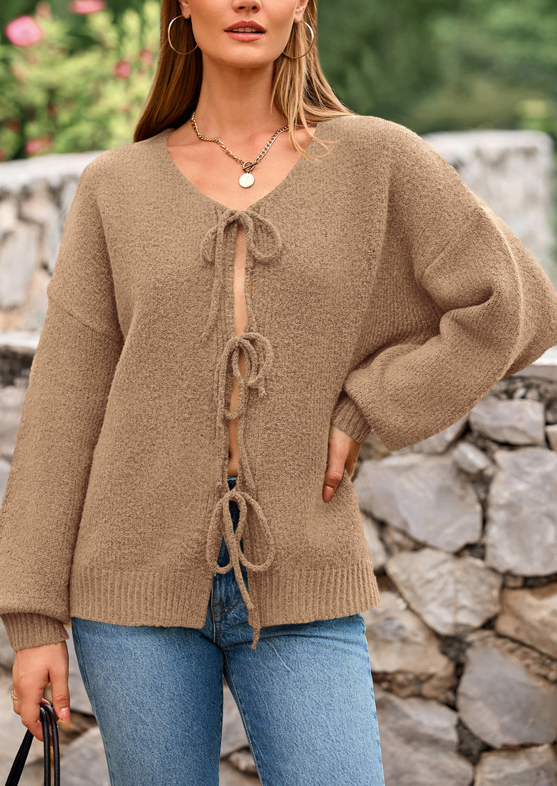PRETTYGARDEN Women's Tie Front Bow Cardigan Sweaters Chunky Knit Long Puff Sleeve Trendy Fall Winter Jacket Coats