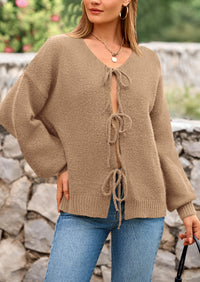 PRETTYGARDEN Women's Tie Front Bow Cardigan Sweaters Chunky Knit Long Puff Sleeve Trendy Fall Winter Jacket Coats