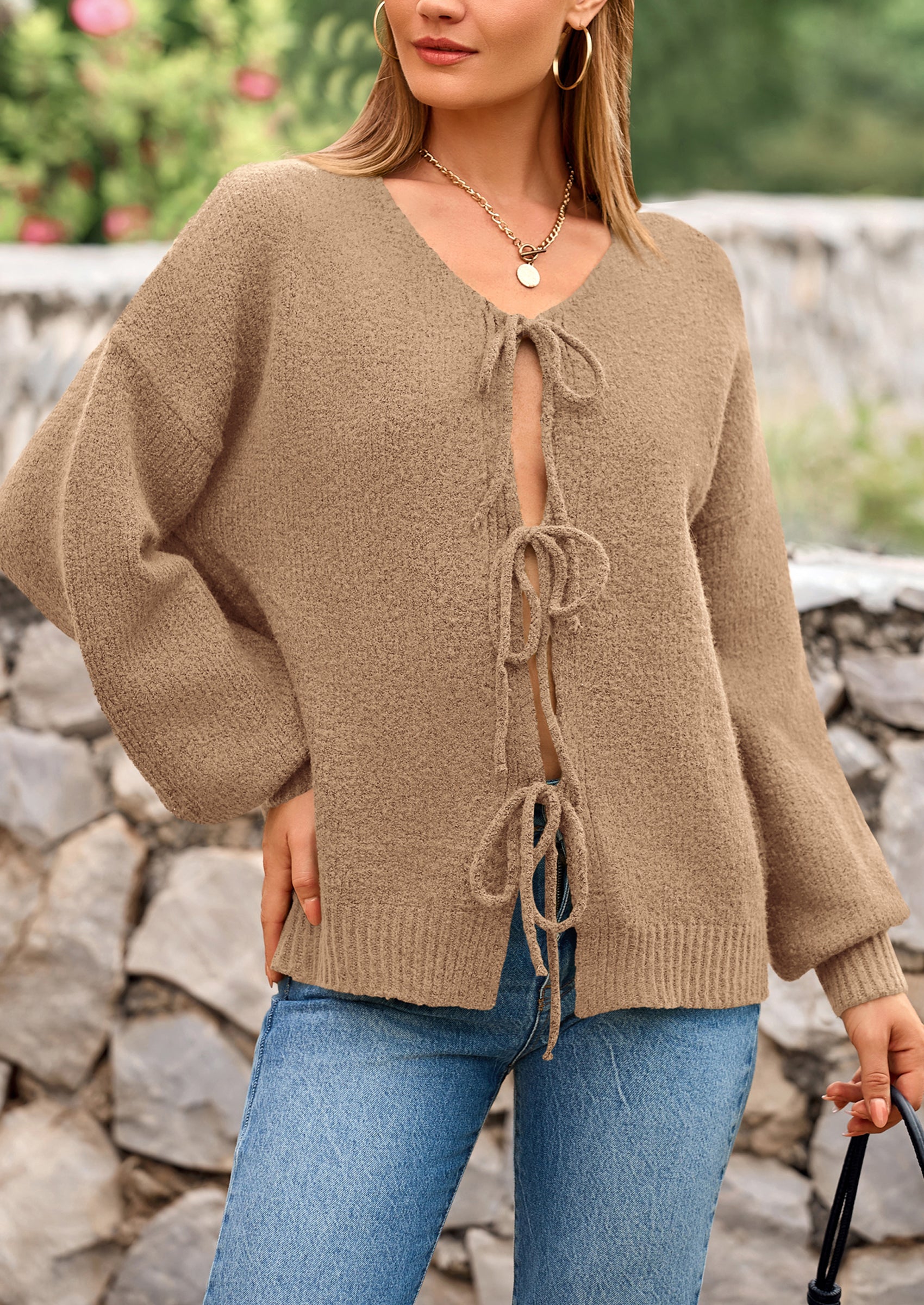 PRETTYGARDEN Women's Tie Front Bow Cardigan Sweaters Chunky Knit Long Puff Sleeve Trendy Fall Winter Jacket Coats