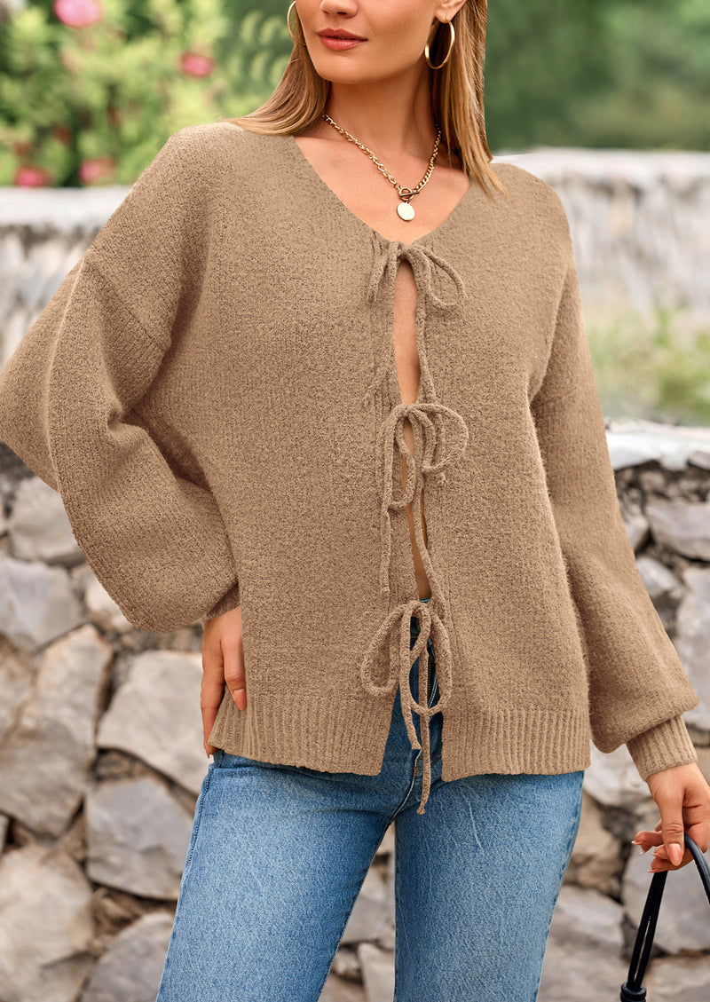 PRETTYGARDEN Women's Tie Front Bow Cardigan Sweaters Chunky Knit Long Puff Sleeve Trendy Fall Winter Jacket Coats