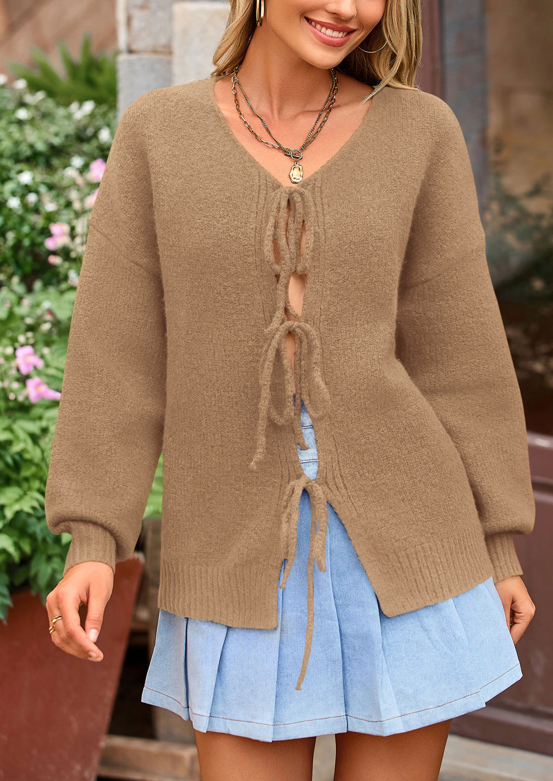 PRETTYGARDEN Women's Tie Front Bow Cardigan Sweaters Chunky Knit Long Puff Sleeve Trendy Fall Winter Jacket Coats