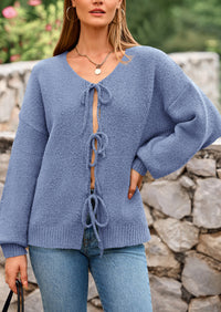 PRETTYGARDEN Women's Tie Front Bow Cardigan Sweaters Chunky Knit Long Puff Sleeve Trendy Fall Winter Jacket Coats