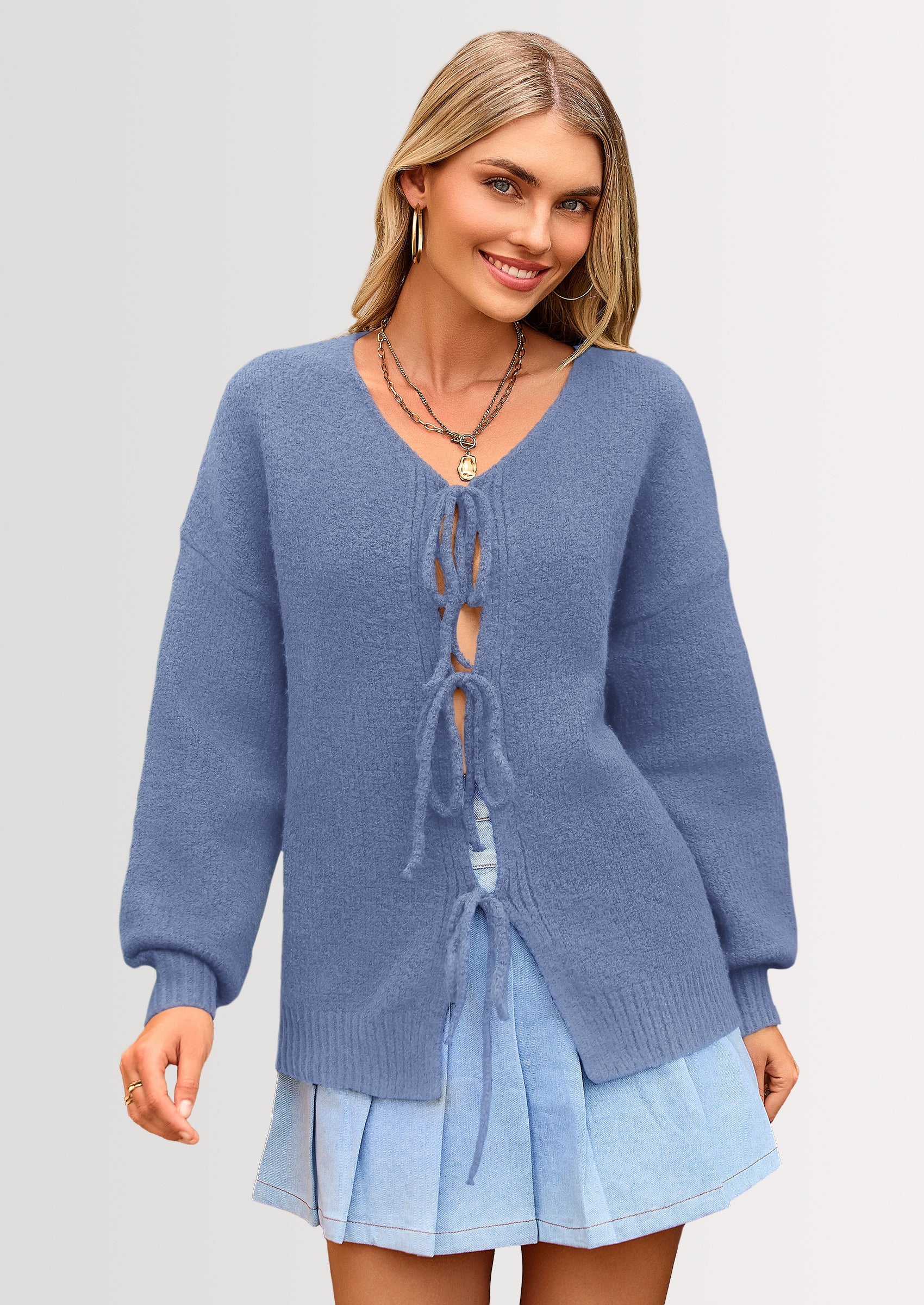 PRETTYGARDEN Women's Tie Front Bow Cardigan Sweaters Chunky Knit Long Puff Sleeve Trendy Fall Winter Jacket Coats
