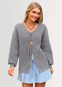 PRETTYGARDEN Women's Tie Front Bow Cardigan Sweaters Chunky Knit Long Puff Sleeve Trendy Fall Winter Jacket Coats