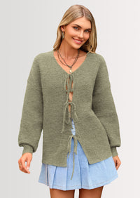 PRETTYGARDEN Women's Tie Front Bow Cardigan Sweaters Chunky Knit Long Puff Sleeve Trendy Fall Winter Jacket Coats