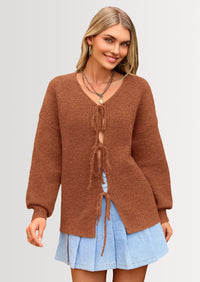 PRETTYGARDEN Women's Tie Front Bow Cardigan Sweaters Chunky Knit Long Puff Sleeve Trendy Fall Winter Jacket Coats
