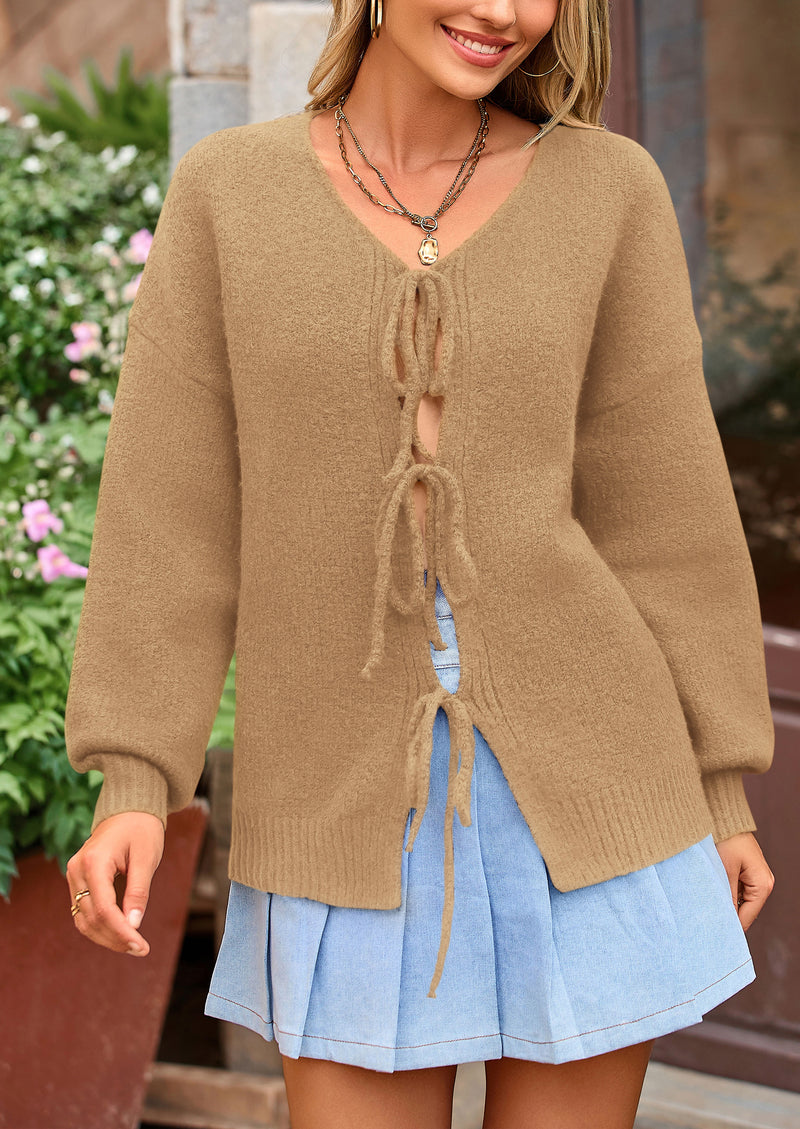 PRETTYGARDEN Women's Tie Front Bow Cardigan Sweaters Chunky Knit Long Puff Sleeve Trendy Fall Winter Jacket Coats