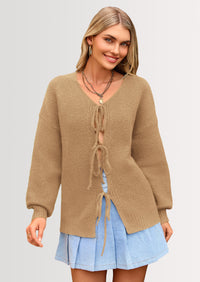 PRETTYGARDEN Women's Tie Front Bow Cardigan Sweaters Chunky Knit Long Puff Sleeve Trendy Fall Winter Jacket Coats