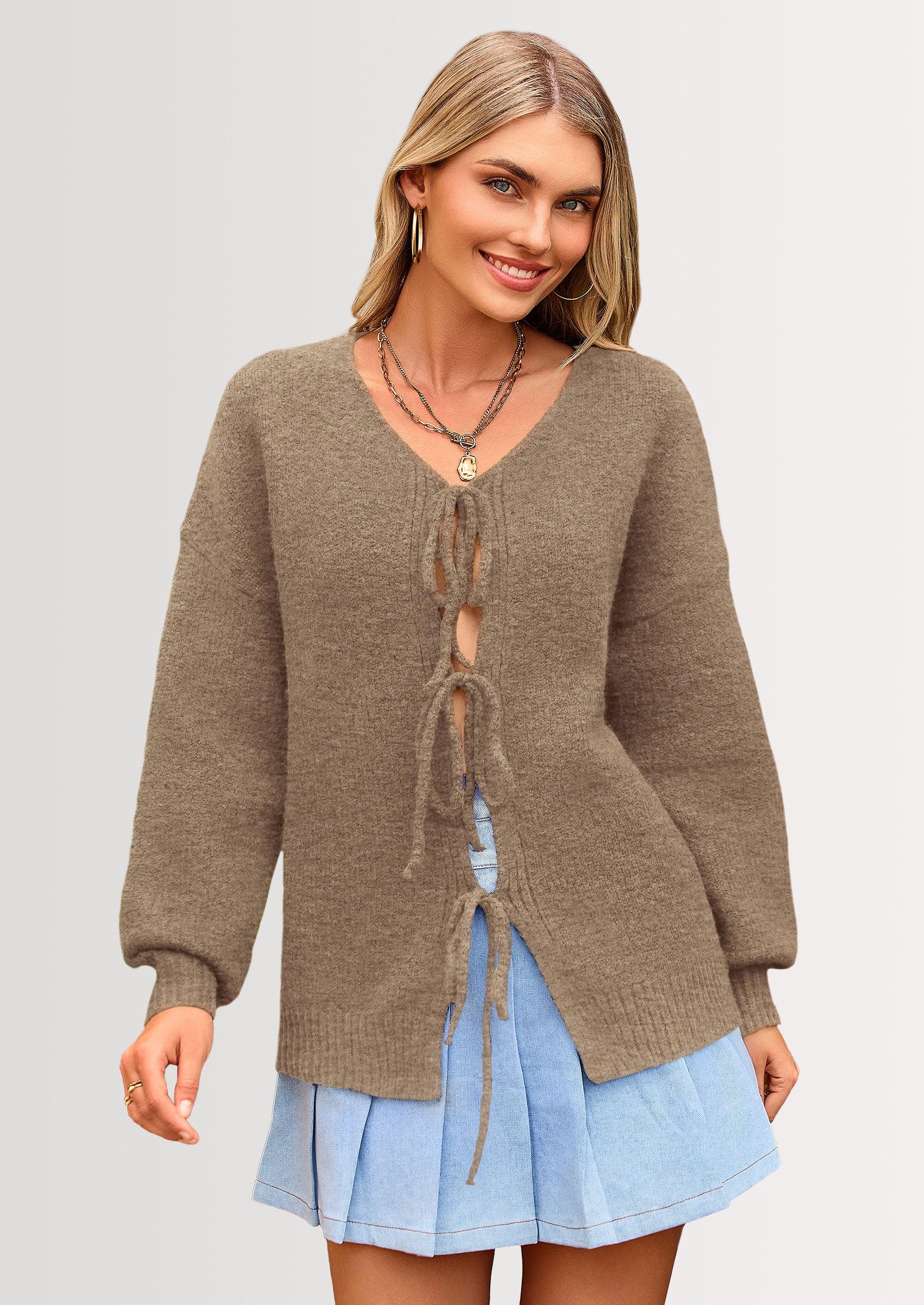 PRETTYGARDEN Women's Tie Front Bow Cardigan Sweaters Chunky Knit Long Puff Sleeve Trendy Fall Winter Jacket Coats