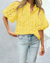 PRETTYGARDEN Women's Summer Short Sleeve Tops 2025 Dressy Casual Buttons V Neck Hollow Out Lace Embroidered Blouses Shirts