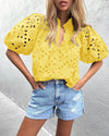 PRETTYGARDEN Women's Summer Short Sleeve Tops 2025 Dressy Casual Buttons V Neck Hollow Out Lace Embroidered Blouses Shirts