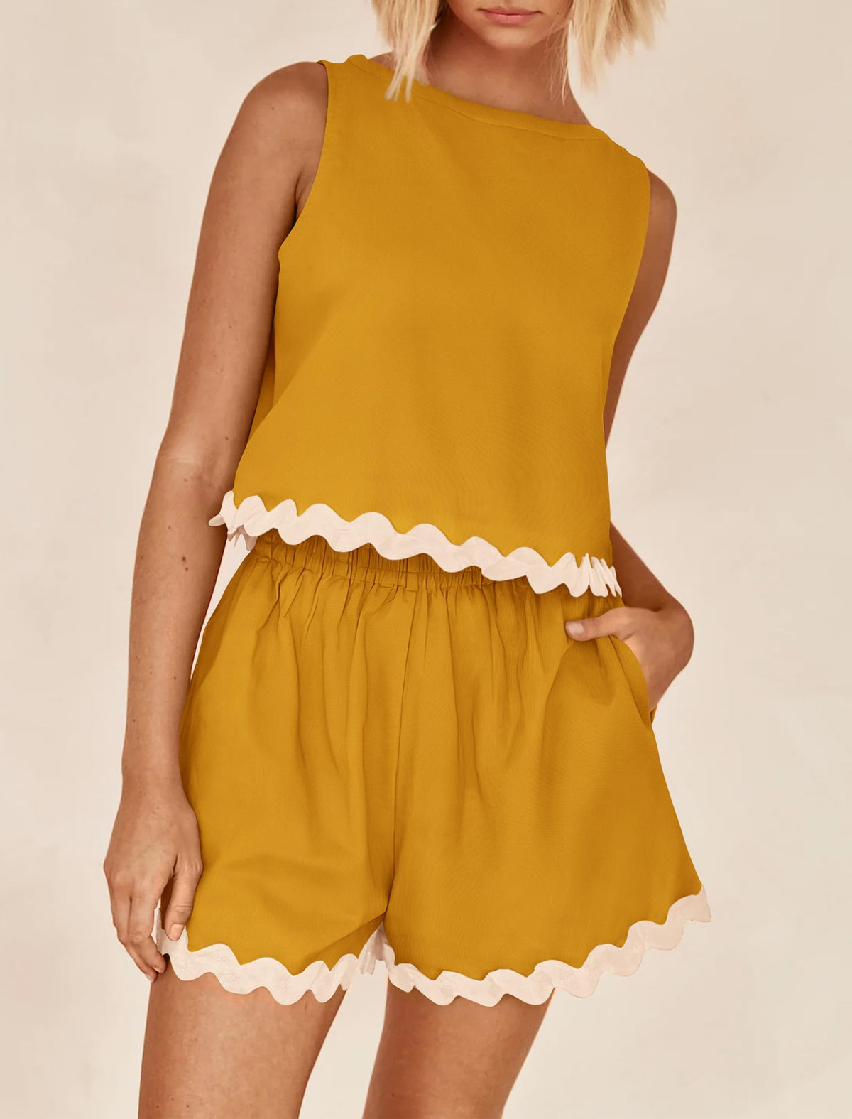 Beach Vacation Cropped Tank Top High Waist Shorts Two Piece Set