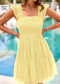 Casual Sleeveless Tulle Ruffle Square Neck Tiered Smocked Wedding Guest Mini Dresses
