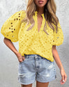 PRETTYGARDEN Women's Summer Short Sleeve Tops 2025 Dressy Casual Buttons V Neck Hollow Out Lace Embroidered Blouses Shirts