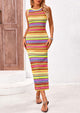 Sleeveless Crew Neck Striped Side Slit Bodycon Casual Maxi Dresses
