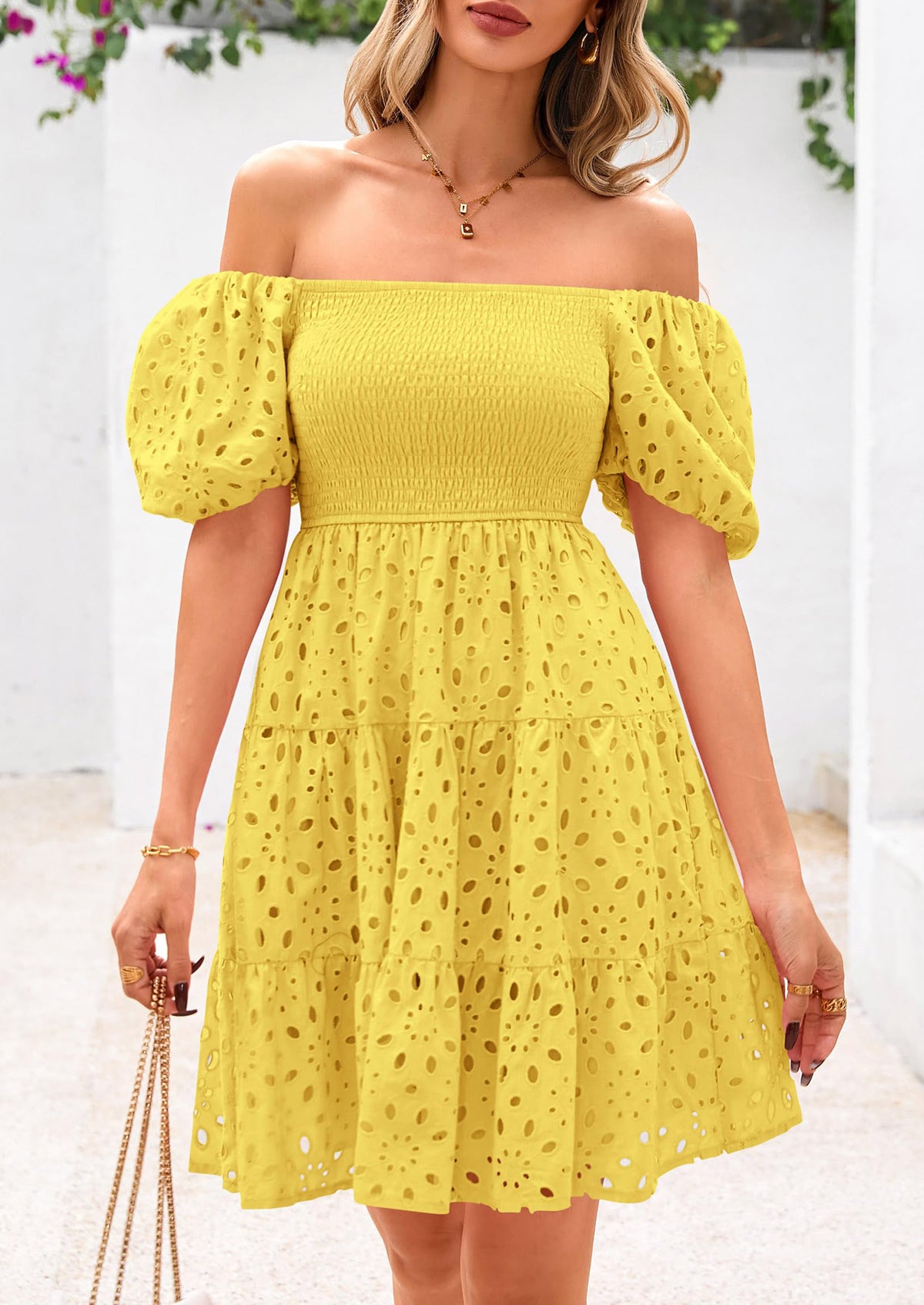 Puff Sleeve Off Shoulder Eyelet Smocked A Line Casual Babydoll Mini Dress