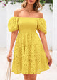 Puff Sleeve Off Shoulder Eyelet Smocked A Line Casual Babydoll Mini Dress