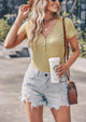 Short Sleeve V Neck Button Ribbed Knit T-shirt