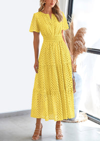 Short Sleeve V Neck Hollow Out Eyelet A Line Long Beach Maxi Dress