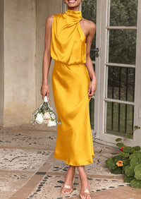 Satin sleeveless stand up collar party long dress